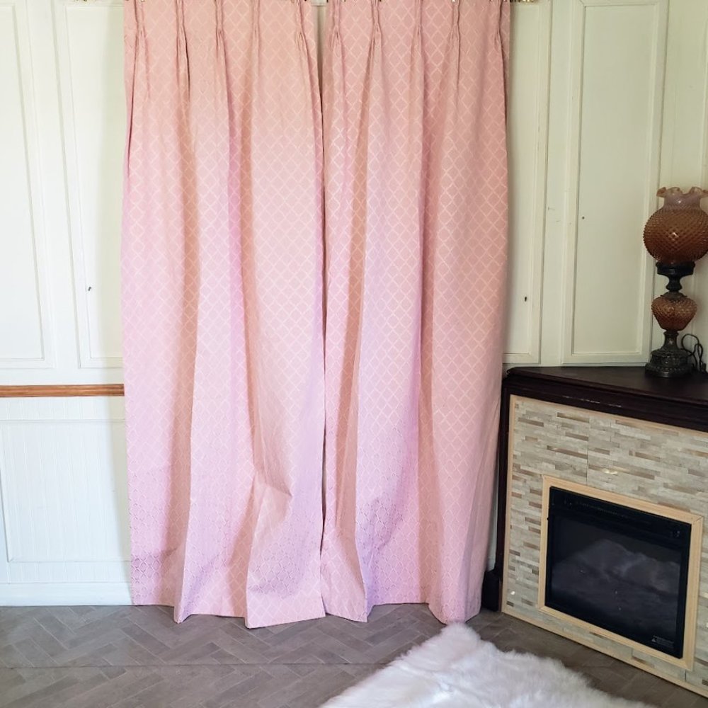 Vintage Drapes Pinch Pleat Pink  Curtains 50W x 82L Embroidered Thermal Lined